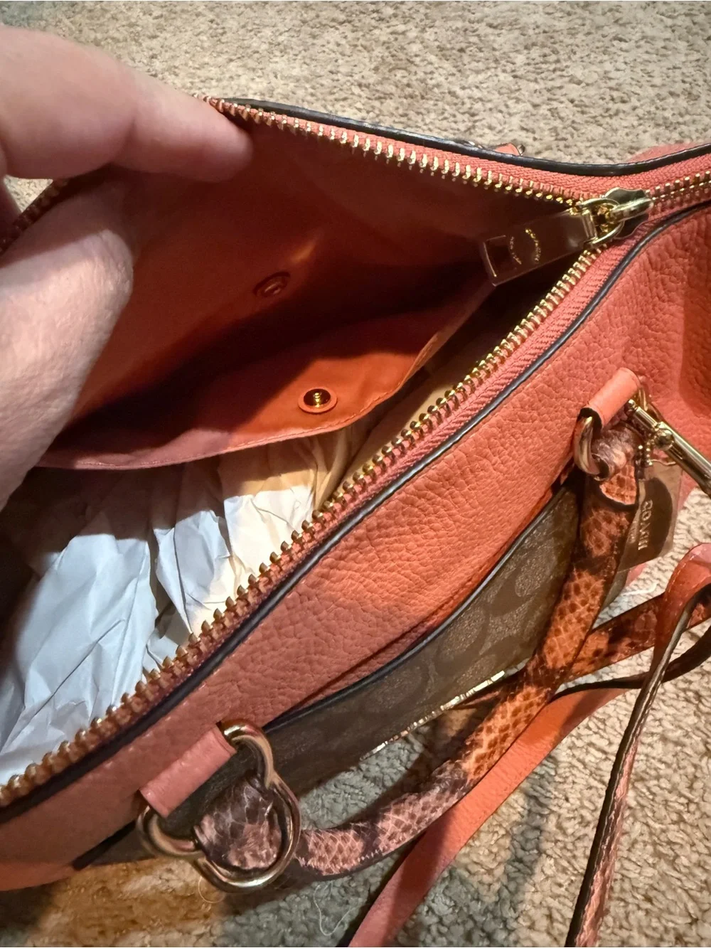 Coach Orange Pebbled Leather Tote with Signature Canvas Pocket